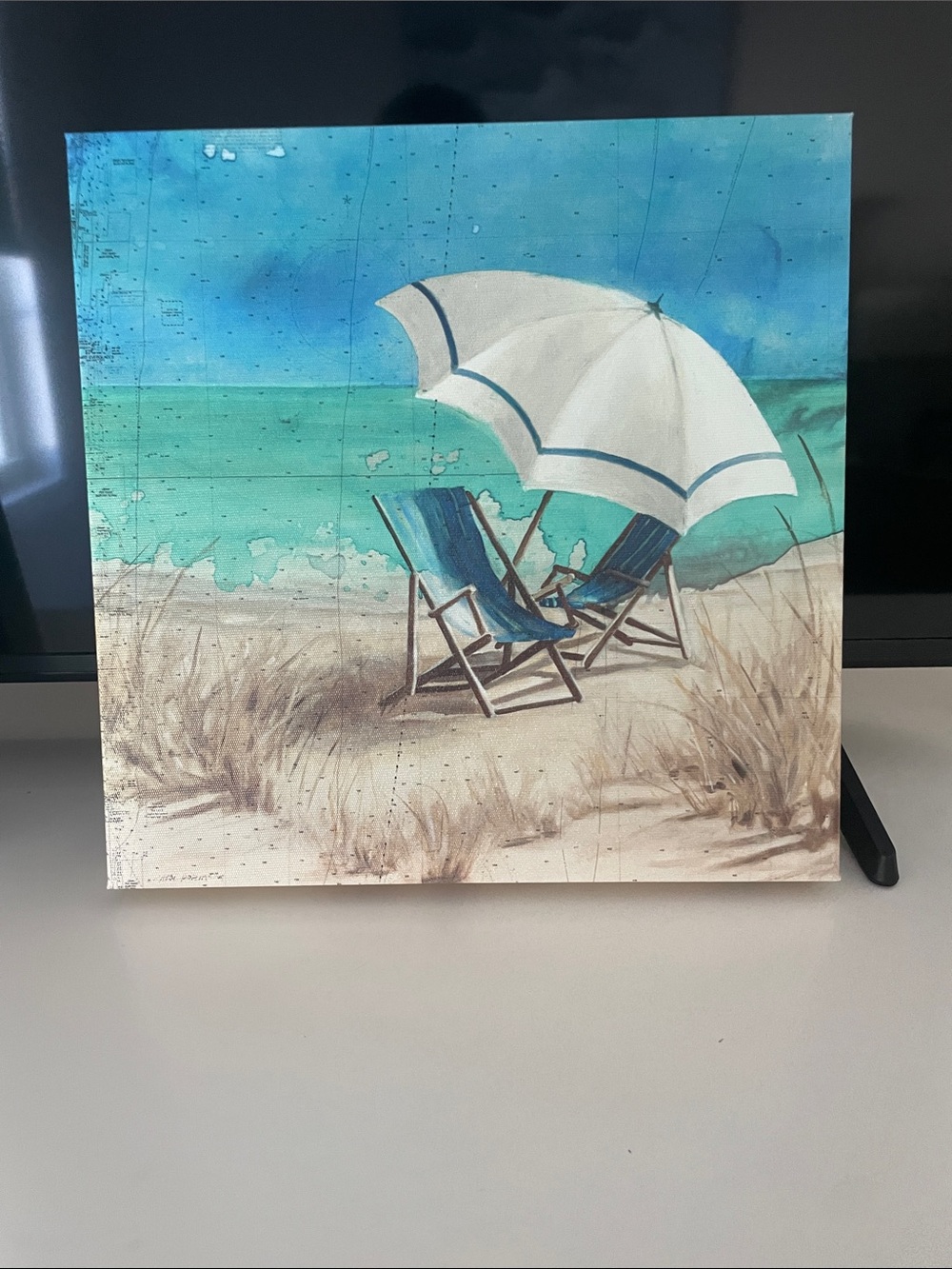 Beach Chair & Umbrella Canvas Wall Art - Blue and White